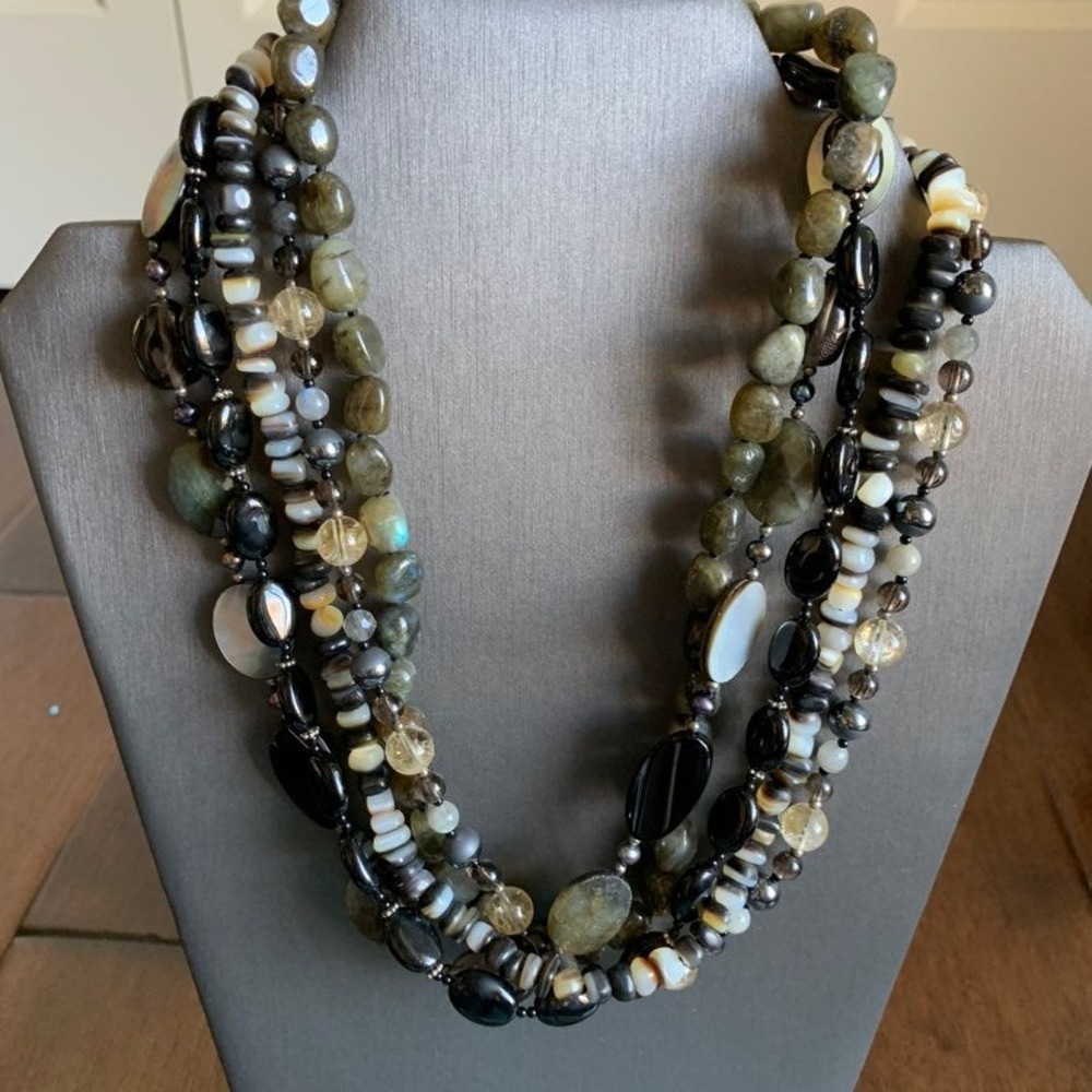 Genuine semi precious black & gray stones multi-layered 18"  Necklace - Picture 3 of 3